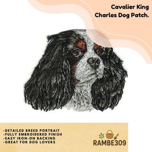May include: An embroidered patch featuring a detailed portrait of a Cavalier King Charles Spaniel dog. The design displays the dog's characteristic long, wavy black ears, white muzzle, and brown markings around the eyes. The text reads Cavalier King Charles Dog Patch.