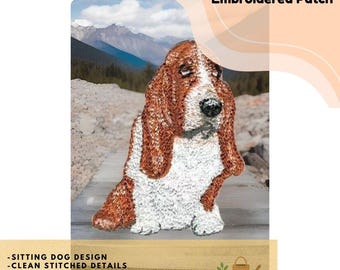 3 Inch Embroidered Basset Hound Dog Patch, Sitting Brown White, Iron On