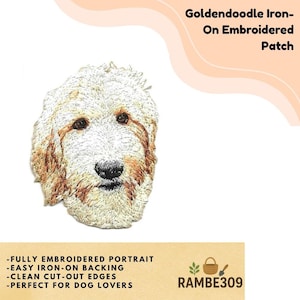 May include: Embroidered patch featuring a Goldendoodle dog portrait. The patch has a detailed, fully embroidered design with clean cut-out edges. The text "Goldendoodle Iron-On Embroidered Patch" is at the top. Additional text includes "Fully Embroidered Portrait" and "Easy Iron-On Backing".