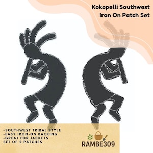 May include: Set of two black Kokopelli iron-on patches with silver stitching. The patches feature a Southwest tribal style design and are easy to apply to jackets. The text on the image says "Kokopelli Southwest Iron On Patch Set".