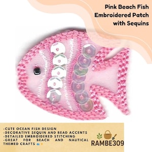 Pink Beach Fish Embroidered Patch with Sequins Ocean Sea Applique 1.25"