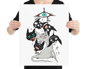 Cartoon Cat Illustration, Matte Art Print Poster, Weirdcore Artwork