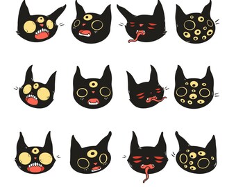 Cute Weirdcore Black Cats Art Print, Halloween Spooky Goth Poster, Gifts For Cat Lover