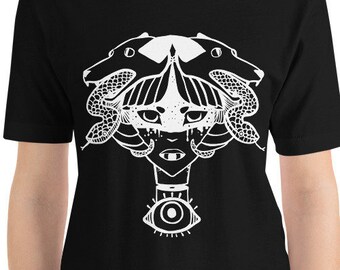 Strange Girl With Snakes And Fox Dogs Occult T-Shirt, Tattoo Flash Art Graphic Tee, Goth Alternative Punk Shirt, Weird Artwork Clothing