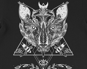 Wolf T Shirt, Tattoo Flash Line Art Black Graphic Tee, Wiccan Clothing