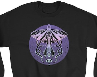 Luna Moth Crew Sweatshirt, Black Autumn Sweater, Insect Nature Clothing