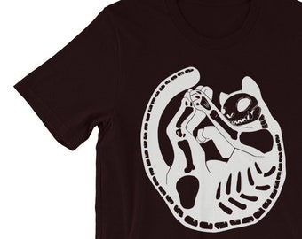 Skeleton Cat Bone Kitty T-Shirt, Gothic Skull Kitten Graphic Tee