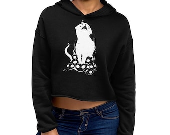 Creepy Cute Cat With Skulls Crop Hoodie, Goth Crop Top Hooded Sweatshirt, Witchy Clothing