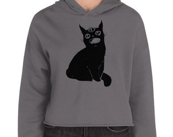 Creepy Cute Black Cat With Third Eye Crop Hoodie, Goth Crop Top