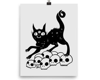Black Cat With Skulls Gothic 8 x 10 Art Print, Goth Home Decor, Witchy Dark Academia Poster, Witch Gifts, Cat Artwork