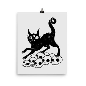 Black Cat With Skulls Gothic 8 x 10 Art Print, Goth Home Decor, Witchy Dark Academia Poster, Witch Gifts, Cat Artwork image 1