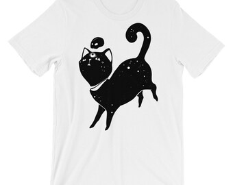 Outer Space Black Cat T-Shirt, Kawaii Cute Anime Kitty Graphic Tee, Unisex Shirt