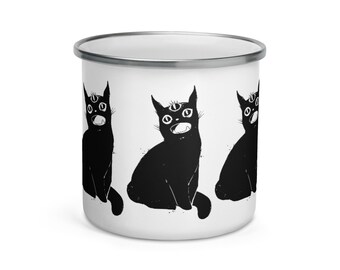 Black Cat With Third Eye Enamel Mug, Camping Cup, Outdoor Mug With Black cat Silhouette