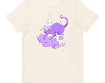 Magic Baking Cat T-Shirt, Whimsical Purple Cat Kneading Dough Tee, Witchy Kitchen Graphic Shirt, Cute Surreal Unisex Alt Aesthetic Gift