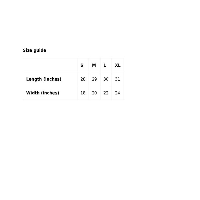 May include: Size guide for a garment with measurements in inches for length and width. The sizes are S, M, L, and XL.