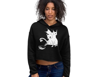 Spooky Cute Three Headed Cat Fleece Crop Hoodie, Rave Goth Witchy Cropped Hooded Shirt