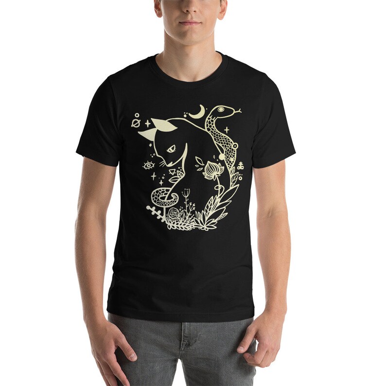 Cat And Snake Art T-Shirt, Graphic Tee, Tattoo Style Line Art image 4