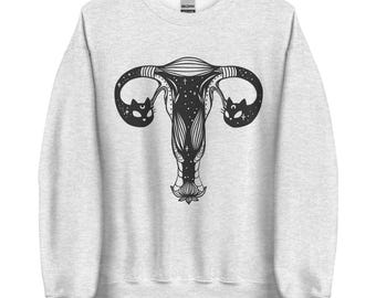 Uterus With Cat Heads Sweatshirt, Feminist Statement Shirt, Celestial Cat Design, Witchy Aesthetic Cozy Sweater,  Feminist Gift