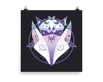 Creepy Cute Moth Fox And Pentagram Pastel Goth Wall Art Print Poster, Gothic Kawaii Original Artwork