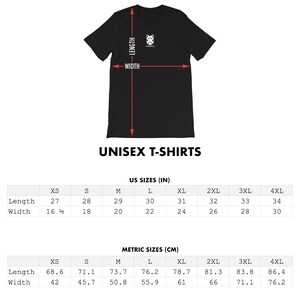 May include: Size chart for unisex t-shirts showing measurements in inches and centimeters. The chart includes sizes XS through 4XL.