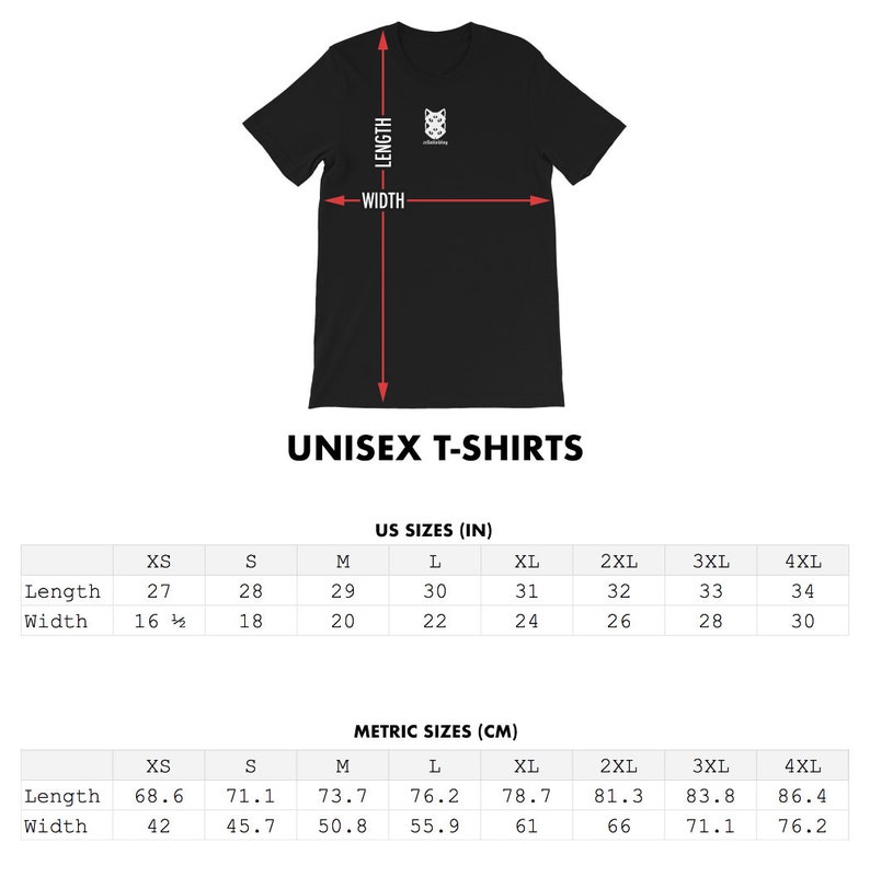 May include: Size chart for unisex t-shirts showing measurements in inches and centimeters. The chart includes sizes XS through 4XL.