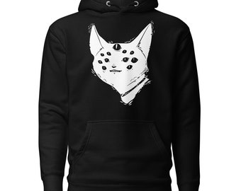 Strange Many Eyed Cat Creature Unisex Hoodie, Goth Monster Pullover Sweatshirt With Hood
