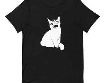 White Cat On Black TShirt, Unisex Short Sleeve Graphic Tee, Grunge Alternative Clothing