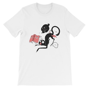 May include: White t-shirt with a black cat illustration. The cat is surrounded by a ghost, a book titled "Treasury of Shadows", and other mystical elements.