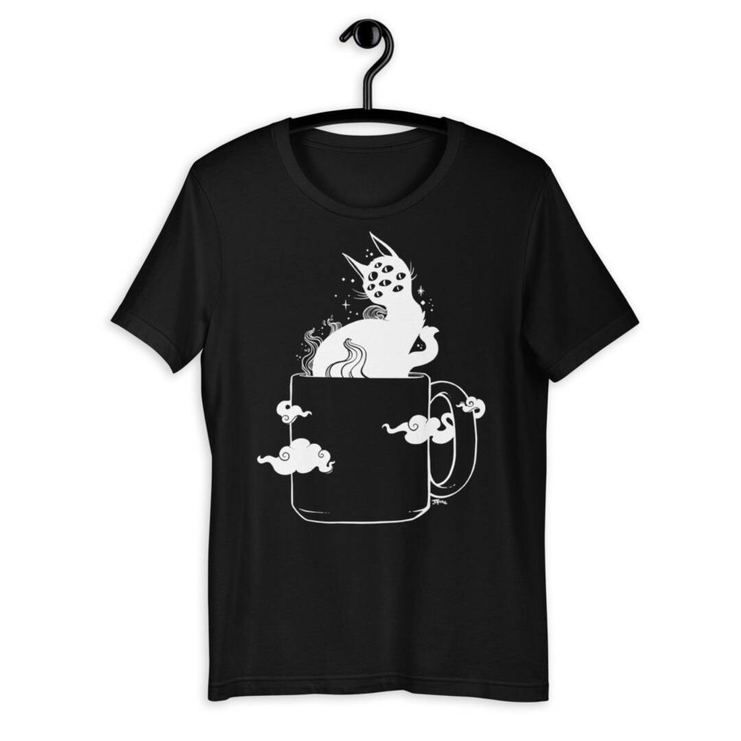 Many Eyed Cat in Coffee Cup T-shirt, Spooky Goth Graphic Tee