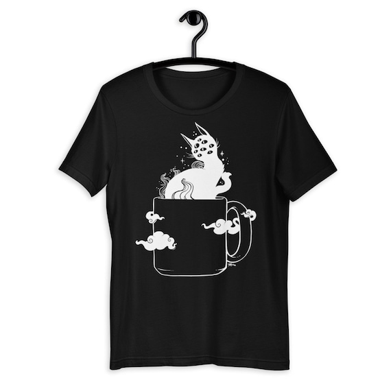 Many Eyed Cat in Coffee Cup T-shirt, Spooky Goth Graphic Tee