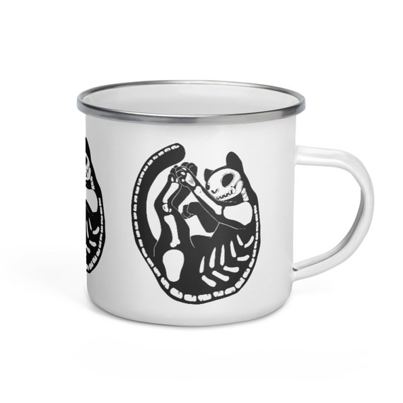 Skeleton Cat Enamel Mug, Camping Cup, Outdoor Mug With Kitty Pattern,  House Warming Present, Wiccan Gifts