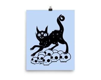 Black Cat With Skulls Gothic 8 x 10 Art Print, Goth Home Decor, Witchy Dark Academia Poster, Witch Gifts, Cat Artwork