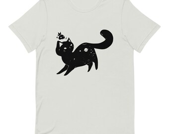 太った黒猫の宇宙Tシャツ、かわいい子猫アニメグラフィックTシャツ