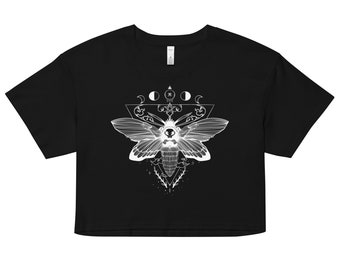 Witchy Moth Crop Top, Goth Relaxed Fit Cropped Tee, Forestcore Festival Shirt, Dark Cottagecore Clothing