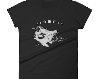 Wild Wolf Dog Moon Phase T-Shirt, Witch Aesthetic Goth Graphic Tee, Ladies Shirt