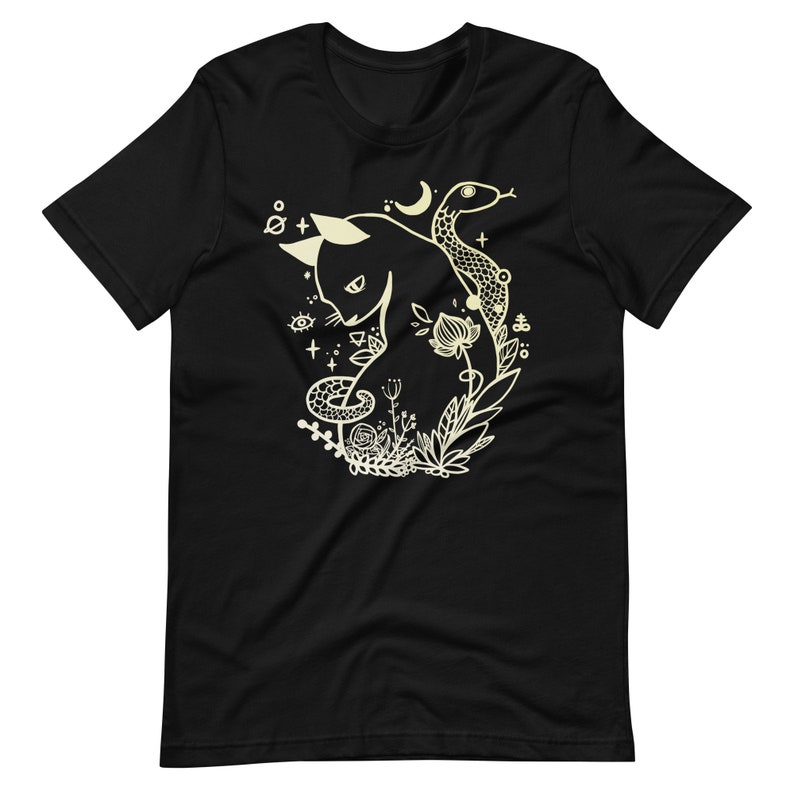Cat And Snake Art T-Shirt, Graphic Tee, Tattoo Style Line Art image 2