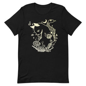 Cat And Snake Art T-Shirt, Graphic Tee, Tattoo Style Line Art image 1