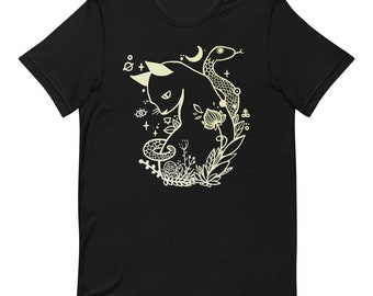 Cat And Snake Art T-Shirt, Graphic Tee, Tattoo Style Line Art