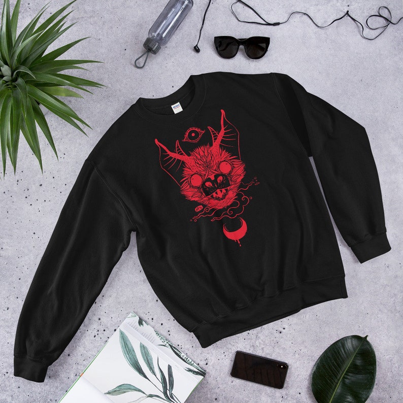 Bat Black Sweatshirt, Goth Sweater Shirt, Gothic Winter Clothing image 5