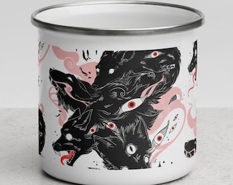 Goth Dark Wolves Enamel Mug, 12 oz Camping Cup, Outdoor Mug For Wolf Lovers, Anime Art Gifts
