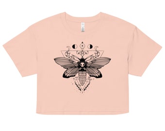 Witchy Moth Crop Top, Goth Relaxed Fit Cropped Tee, Forestcore Festival Shirt, Dark Cottagecore Clothing
