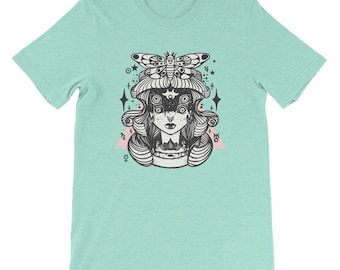 Strange Witch And Moth Art Graphic Tee, Girl With Four Eyes T-Shirt, Pastel Goth Soft Grunge 90s Aesthetic Shirt