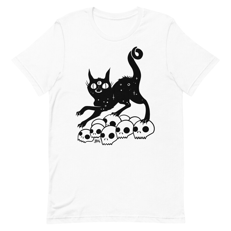 White Cat On Skulls Unisex T-Shirt, Gothic Alternative Tee, Nu Goth Clothing