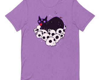 Cute Goth Cat T-Shirt, Purple Cat Sitting on Skulls Tee, Creepy Cute Graphic Shirt, Witchy Alt Aesthetic Unisex Tee, Dark Humor Gift