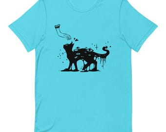 Many Eyed Black Cat T-Shirt, Creepy Cute Surreal Occult Art in Turquoise