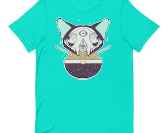 Third Eye Cat Skull Ramen T-Shirt, Gothic Anime Noodle Bowl Tee, Witchy Alt Aesthetic Unisex Graphic Shirt, Cat Lover Gift