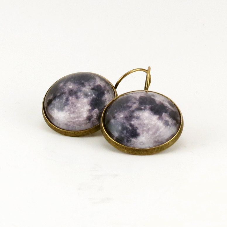 Full Moon Earrings Glass And Bronze Latch Back Ear Rings Etsy