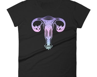 Uterus And Ovaries Cosmic Cats Ladies Black TShirt, Women's Feminist Graphic Tee Shirt