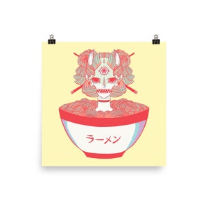 Ramen Noodle Monster Art Print, obra de arte gótica original, cartel amarillo de 12 x 12