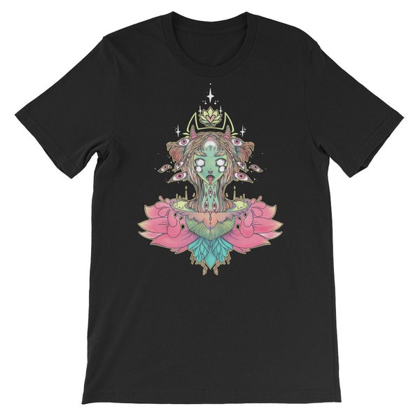 Trippy Sacred Lotus Monster Girl T-Shirt, Yoga Graphic Tee, Festival Clothing